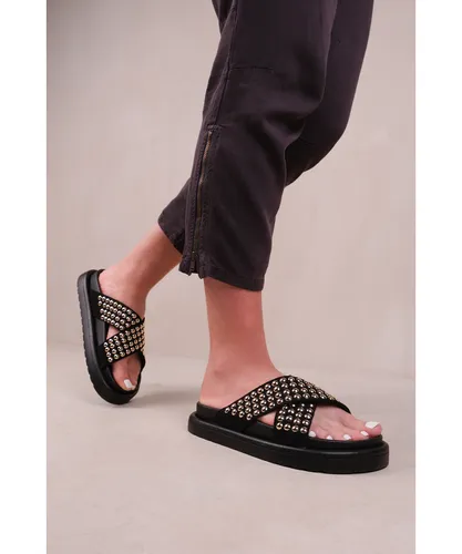 Where's That From Womens 'Zenith' Flat Sandals With Cross Over Pressed Studs Straps Faux Leather - Black