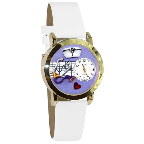 Whimsical Watches Nurse Purple White Leather and Goldtone
