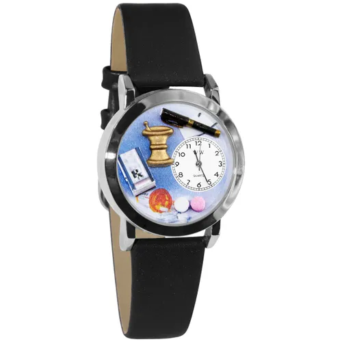 Whimsical Watches Pharmacist Black Leather and Silvertone