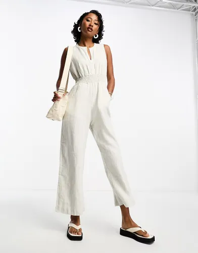 Whistles cropped linen jumpsuit with v neck in ivory-White
