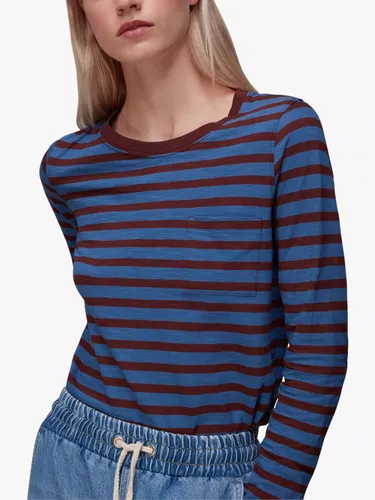 Whistles Stripe Chest Pocket Long Sleeve T-Shirt, Blue/Dark Red - Blue/Dark Red - Female
