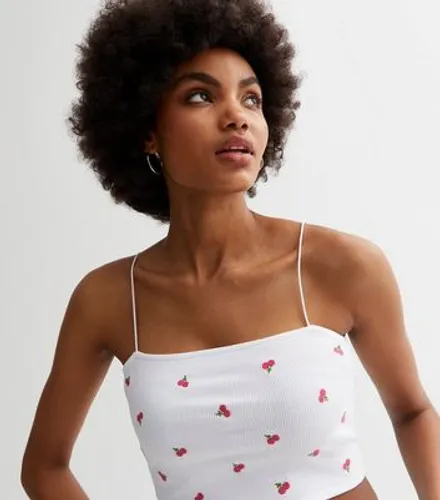 White Cherry Embroidered Strappy Crop Top New Look