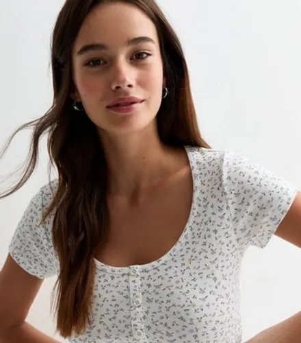 White Ditsy Floral Button Front Cotton Crop Top New Look