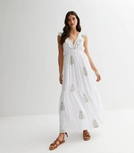 White Embroidered Frill Sleeve Maxi Dress New Look