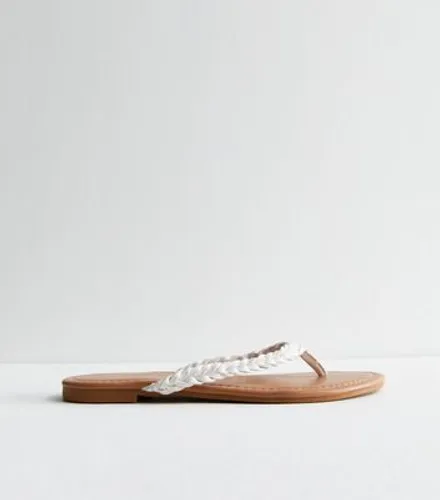 White Leather-Look Plaited Toe Post Sandals New Look