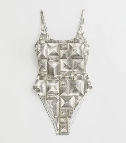 White Metallic Geometric Print Belted Swimsuit New Look