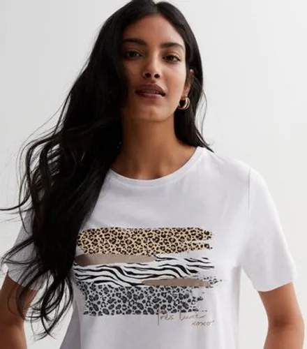 White Metallic Tres Luxe Animal Print Logo T-Shirt New Look