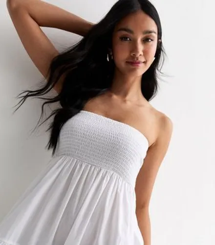 White Shirred Bandeau Broderie Beach Maxi Dress New Look