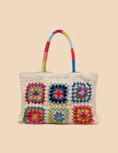 White Stuff Womens Cotton Rich Crochet Colour Block Tote Bag - Natural Mix, Natural Mix