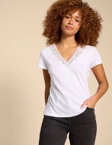 White Stuff Womens Linen Rich Lace Insert T-Shirt - 16, White,Black