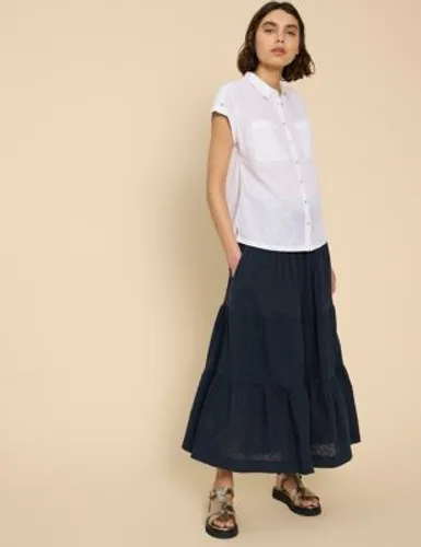 White Stuff Womens Pure Cotton Broderie Tiered Maxi Skirt - 6REG - Navy, Navy