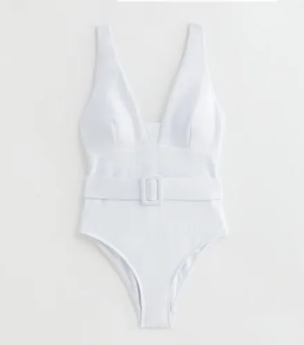 White Textured Belted Swimsuit New Look