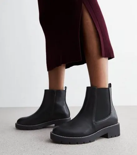 Wide Fit Black Leather-Look Chunky Chelsea Boots New Look