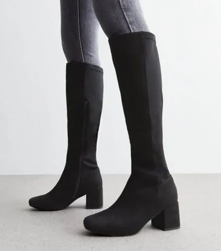 Wide Fit Black Suedette Stretch Block Heel Knee High Boots New Look