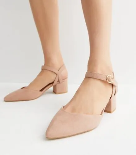 Wide Fit Pale Pink Suedette Pointed Mid Block Heel Court Shoes New Look Vegan