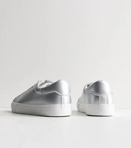 Wide Fit Silver Leather-Look Lace Up Trainers New Look