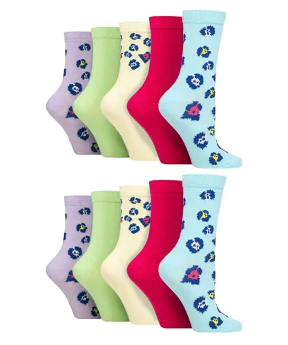 Wildfeet Womens - 10 Pack Ladies Bamboo Crew Socks with Dots, Leopard & Floral Pattern - Multicolour