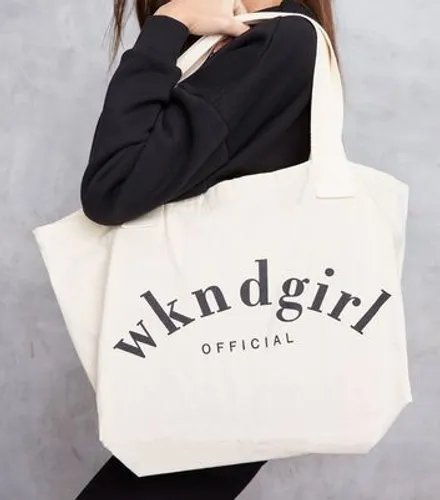 WKNDGIRL Cream Logo Tote Bag New Look