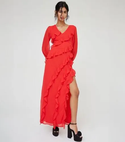 WKNDGIRL Red Long Sleeve Ruffle Split Hem Maxi Dress New Look