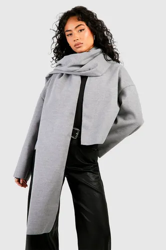 Womens 2 In 1 Scarf Detail Wool Look Short Coat - Grey - 8, Grey