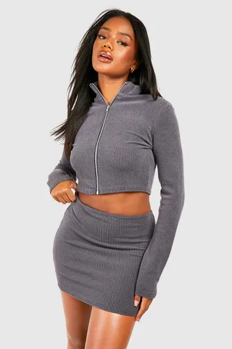 Womens 2 Tone Rib Zip Front Top & Micro Mini Skirt - Grey - 6, Grey