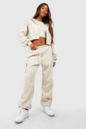 Womens 3 Piece Cropped Zip Through Hooded Tracksuit - Beige - S, Beige