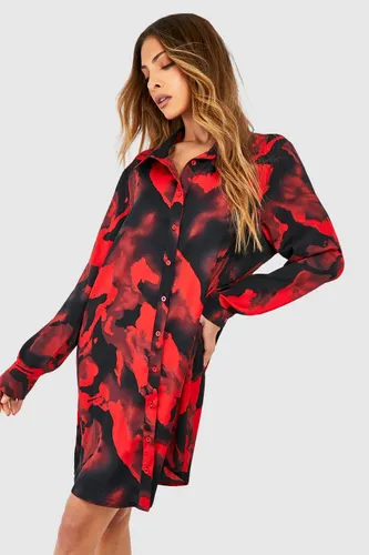 Womens Abstract Floral Print Shirt Dress - Red - 8, Red
