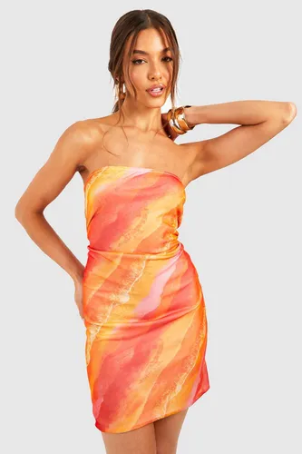 Womens Abstract Mesh Bandeau Mini Dress - Orange - 16, Orange
