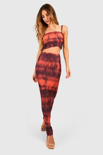 Womens Abstract Print Plisse Square Neck Cami & Maxi Skirt - Red - 4, Red