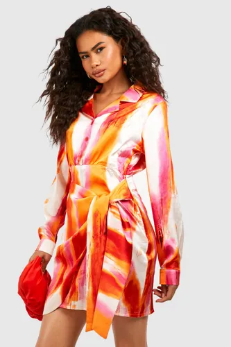 Womens Abstract Print Satin Shirt Dress - Pink - 8, Pink