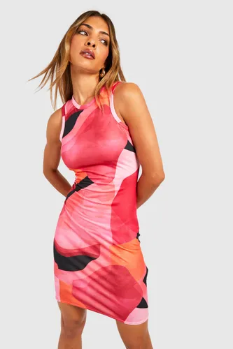 Womens Abstract Racer Neck Bodycon Mini Dress - Pink - 8, Pink