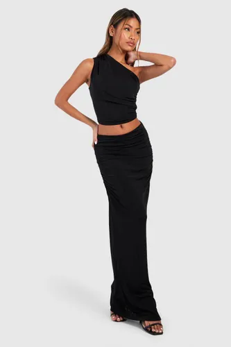 Womens Acetate Slinky Asymmetric Ruched Top & Ruched Maxi Skirt - Black - 14, Black