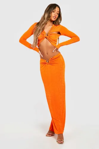 Womens Acetate Slinky Gold Trim Maxi Skirt - Orange - 14, Orange