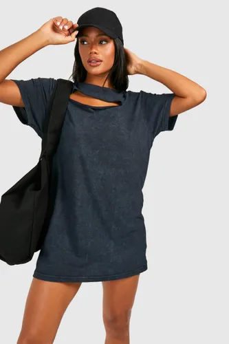 Womens Acid Wash Cut Out Oversized T-Shirt Dress - Grey - 8, Grey