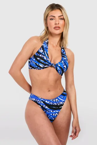 Womens Animal Halterneck Padded Bikini Set - Blue - 6, Blue