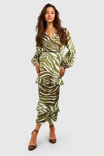 Womens Animal Print Ruffle Midaxi Smock Dress - Green - 8, Green