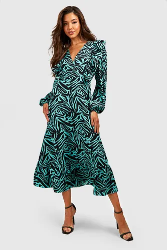 Womens Animal Print Ruffle Midaxi Smock Dress - Green - 8, Green