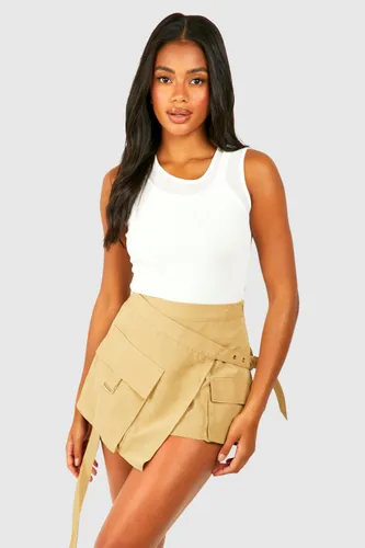 Womens Asymmetric Hem Cargo Mini Skirt - Beige - 6, Beige