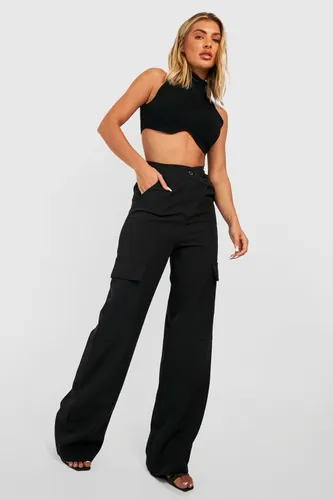 Womens Asymmetric Waist Relax Fit Tailored Cargo Trousers - Black - 6, Black