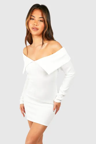Womens Bardot Heavy Rib Long Sleeve Mini Dress - White - 8, White