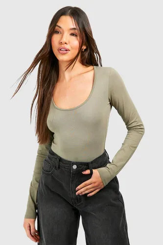 Womens Basic Cotton Extreme Scoop Neck Long Sleeve Bodysuit - Green - 6, Green