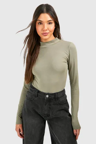 Womens Basic Cotton Funnel Neck Long Sleeve Bodysuit - Green - 8, Green