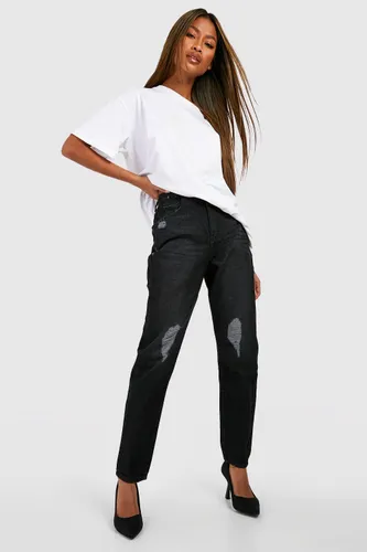 Womens Basic High Waisted Slashed Knee Mom Jeans - Black - 6, Black