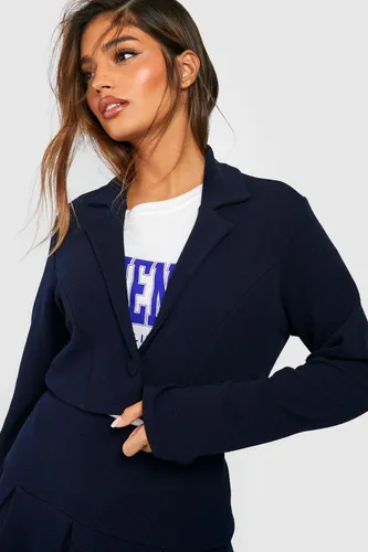 Womens Basic Jersey Button Front Cropped Blazer - Navy - 8, Navy