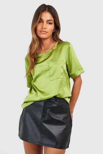 Womens Basic Satin Pocket Detail Blouse - Green - 6, Green