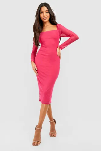 Womens Basic Square Neck Mesh Midi Dress - Pink - 18, Pink