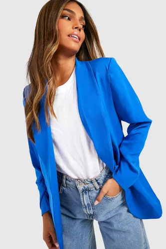 Womens Basic Woven Ruched Sleeve Curve Lapel Blazer - Blue - 14, Blue