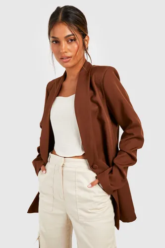 Womens Basic Woven Ruched Sleeve Plunge Lapel Blazer - Brown - 10, Brown
