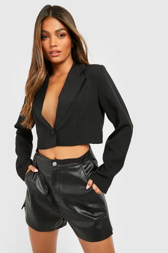 Womens Basic Woven Single Button Crop Blazer - Black - 14, Black