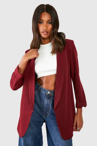 Womens Basic Woven Turn Cuff Relaxed Fit Blazer - Red - 6, Red